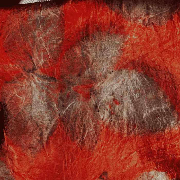 Ponge zijde sjaal rood met ecoprint van eucalyptus, aardbei, framboos, druif en braa5